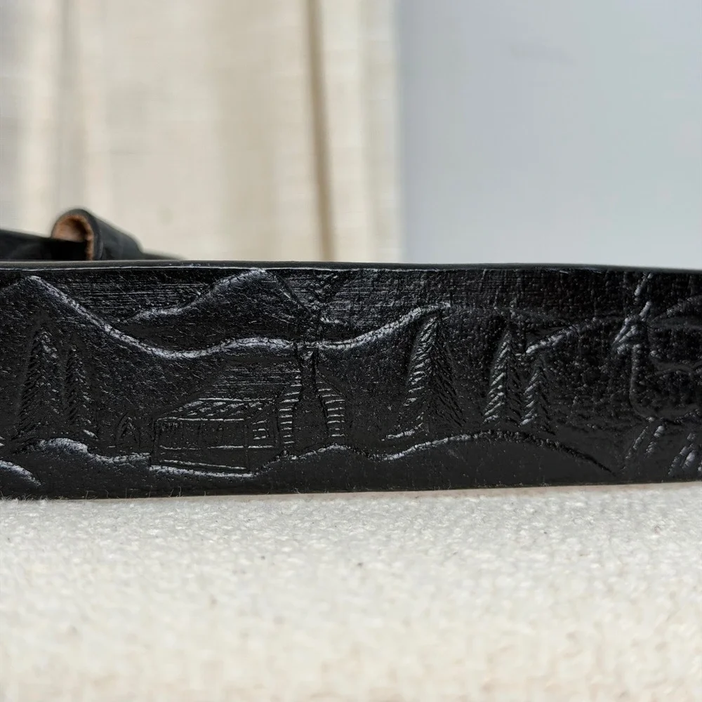 Vintage C.L.‎ Leather Belt Embossed Cabin Deer Mountain Black Tooled Men's 48